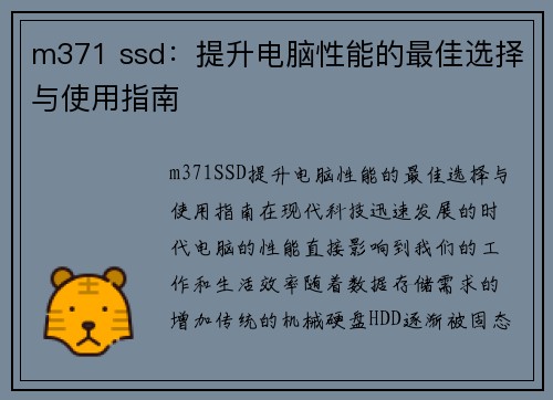 m371 ssd：提升电脑性能的最佳选择与使用指南